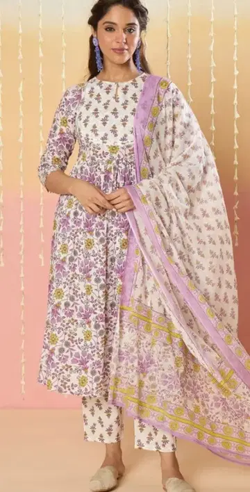 꽃 무늬 코튼 쿠르타 세트 보라색 L~LL