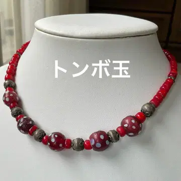 앤티크 잠자리 볼 목걸이 레트로 빨간색 비즈 레드