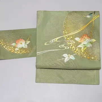 나고야 오비 니시진 비단 황록색 금채 나전 동백 so174