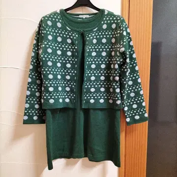 그린 도트 무늬 가디건 앙상블