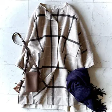 새상품급 machatt 울 체크 무늬 코트 베이지 노카라