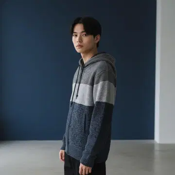 남성용 니트 후드 부착 집업 캐주얼 속기모 가디건 사이즈 L