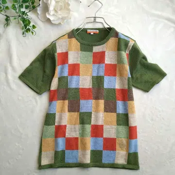까스텔바작 체크 무늬 반팔 니트 멀티 컬러 그린