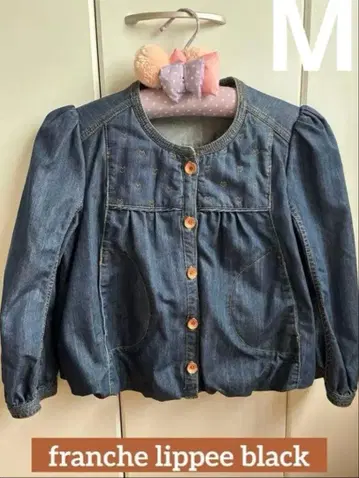 프랑슈리페 블랙 데님 자켓 칠부 소매 고양이 자수