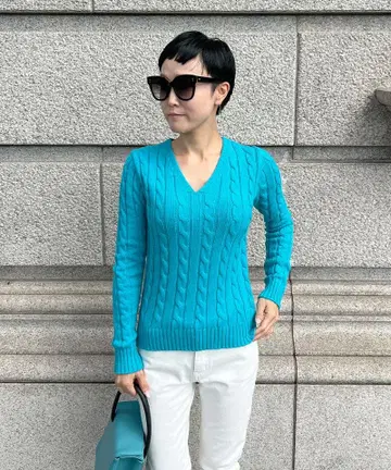 젠 V넥 케이블 니트 M 여성용 터콰이즈
