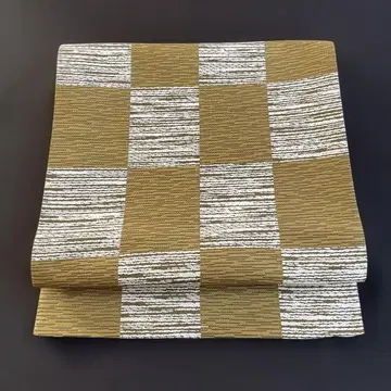 니시진 비단 후쿠로 오비 전통 격자 무늬 리버서블 겨자색 미재단품