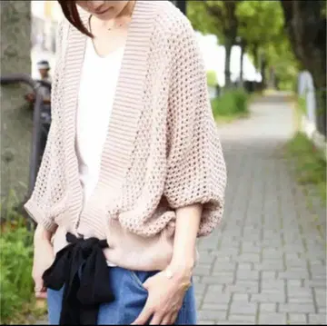 핑크 뜨개질 가디건 벌룬 슬리브