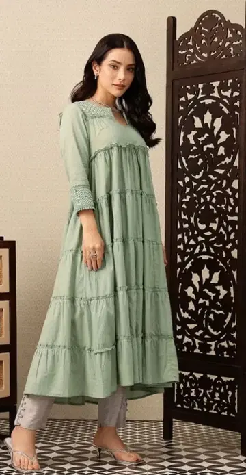 인도 미러워크풍 코튼 티어드 원피스