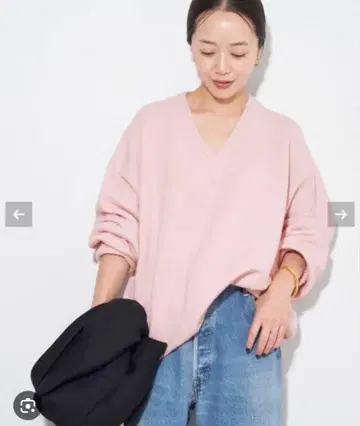 플라주 핑크 니트 파인울 V넥 풀오버