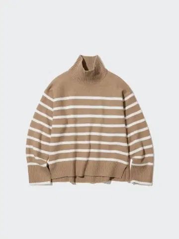유니클로 수플레얀 하이넥 스웨터 보더 긴팔 베이지 S