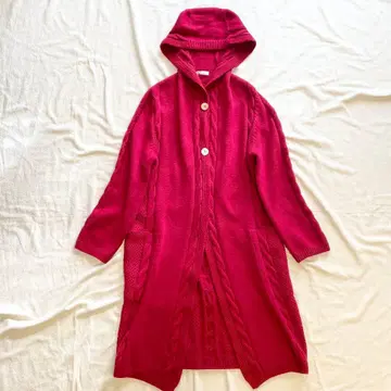 고급 캐시미어 100% 후드 롱 가디건 두툼한 케이블 짜임 레드