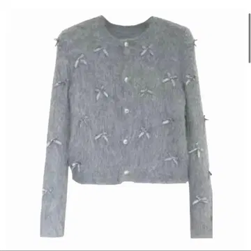 리본 포함 그레이 긴팔 가디건