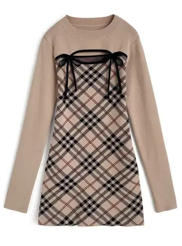 베이지 체크 무늬 미니 원피스