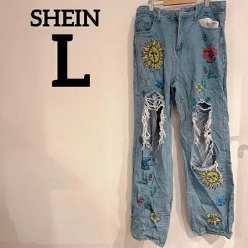 SHEIN [ L ] 자수 데미지 데님 팬츠 꽃 태양 화려한