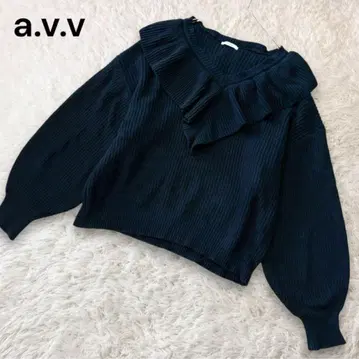 아베베 프릴 칼라 리브 니트 스웨터 코튼 혼방 네이비 M