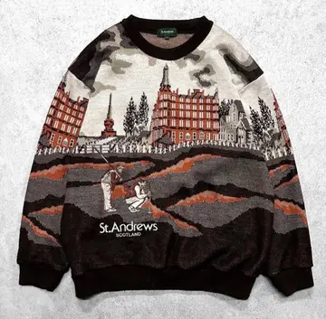 구제 의류 90s St.Andrews 풍경 골프 자수 레트로 니트 스웨터