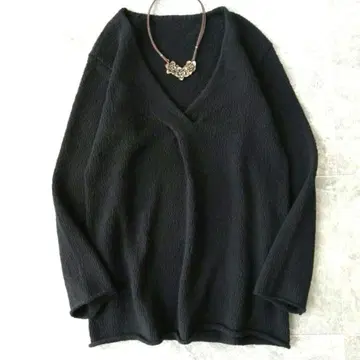 464 요건 레일 코튼 니트 스웨터 상의 긴팔 V넥 블랙