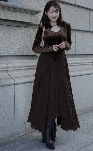 아뉴앙스 벨로아 쉬폰 도킹 원피스 BROWN 사이즈 1