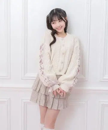 허니 시나몬 소매 레이스업 리본 니트 가디건 아이보리