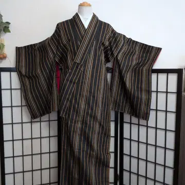 앤티크 기모노 블랙과 오렌지 스트라이프 순수 실크 총장 151 화장 62
