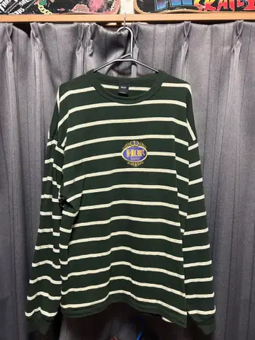 HUF L 사이즈 긴팔 티셔츠 보더 엠블럼 디자인 그린