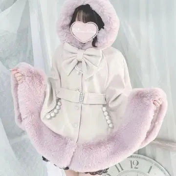 mars 프리메로 벨트 포함 케이프 코트 퍼 숏 코트 핑크