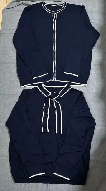 네이비 버튼 가디건 보타이 스웨터 2장 세트