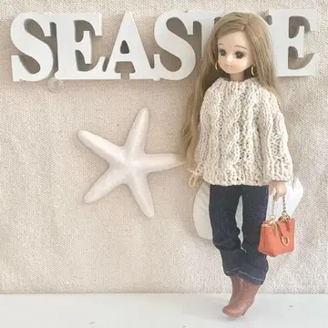 리카짱 의류 4세트 핸드메이드 22cm 미색 케이블 짜임 스웨터