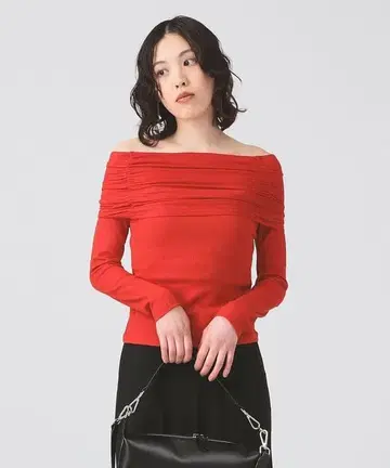 리브 개더 오프숄더 T셔츠 BEAMS 빨간색 레드