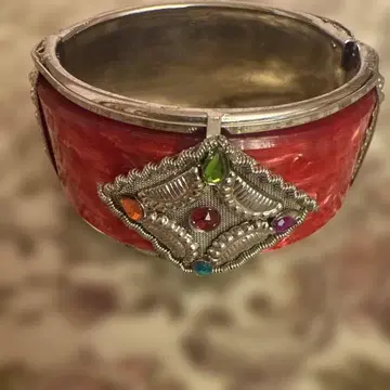 빨간 장식돌 은도금 뱅글