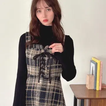 [택 포함 새상품] GRL 체크 무늬 레이스업 롱 원피스[ks154]