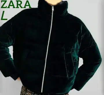 L 단종 ZARA 다크 그린 벨로아 다운 자켓 하이넥 충전솜