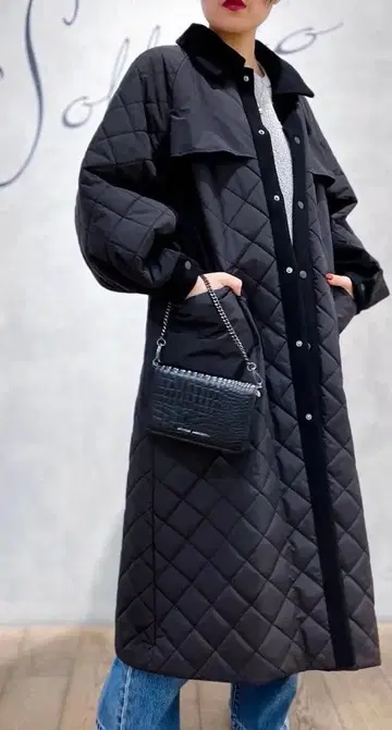 soffitto 블랙 울x퀼트 절개 코트