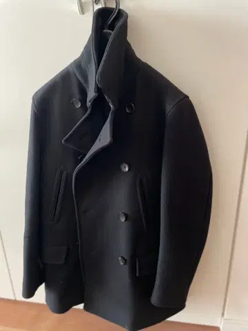 EDIFICE 블랙 더블 브레스트 피 코트 울