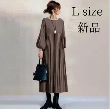 플리츠 원피스 롱 원피스 절개 체형 커버 볼륨 소매 원피스 새상품