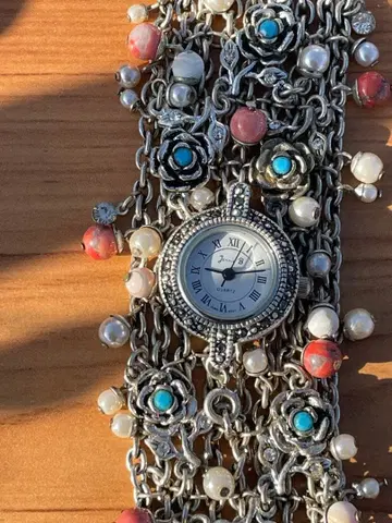 쿼츠 시계 실버 체인 컬러 스톤 팔찌 앤티크