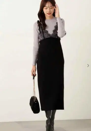 [새상품급] 프로포션 바디 드레싱 레이스 레이어드 니트 원피스 M