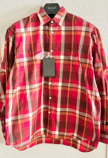 새상품 다이와 오버 사이즈 빨간색 x 브라운 계열 긴팔 체크 셔츠 S
