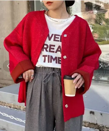 리버서블 배색 야크 니트 자켓 빨간색