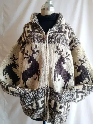 90s 코위찬 니트 스웨터 사슴 패턴 풀 집업 니트 스웨터