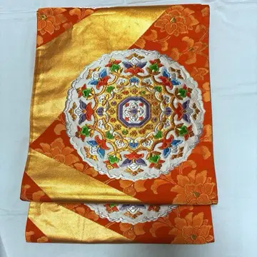 성인식 후리소데 오렌지 육통 무늬 니시진 비단 후쿠로 오비