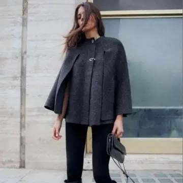 ZARA 케이프 코트 다크 그레이 울 혼방 니트 S 실버 후크
