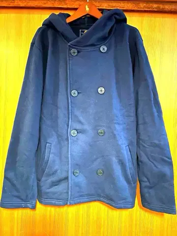 네이비 더블 브레스트 후드 부착 피코트 자켓 맨투맨