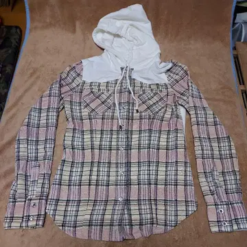 TRALALA 후드 부착 체크 셔츠 핑크 베이지 블랙