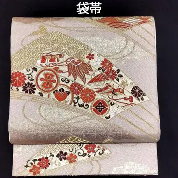 후쿠로 오비 순수 실크 구름 문양 찢김 격자 히오우기 화문 국화