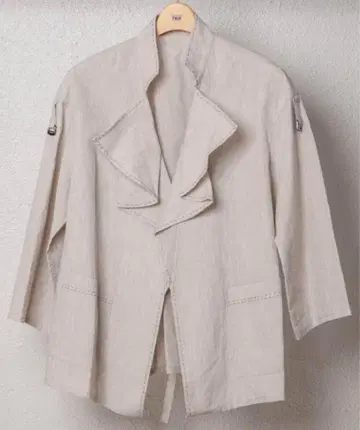 하바나이스트립 린넨 샴브레이 스탠드 카라 랩 자켓 LL