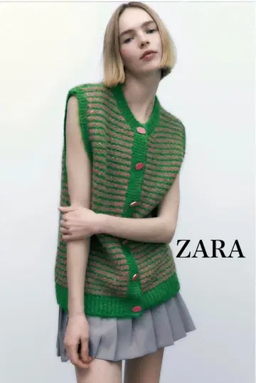 ZARA 새상품 롱 기장 니트 베스트 그린 핑크 버튼