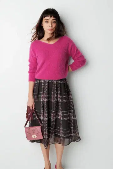 택 포함 새상품 마이 스트라다 체크 무늬 롱 스커트 브라운 핑크 S