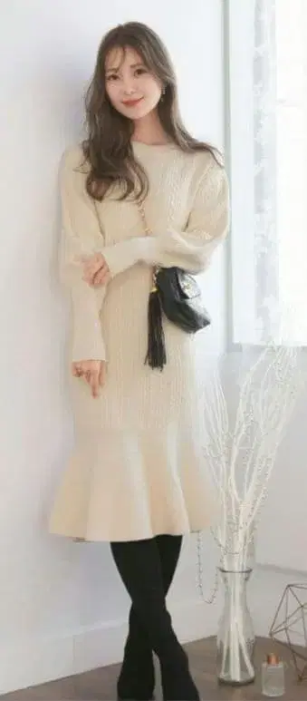 르 레브 바닐레 니트 원피스 아란 패턴 머메이드