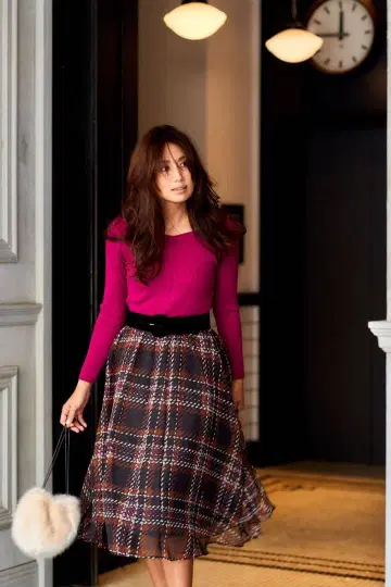 택 포함 새상품 마이 스트라다 체크 쉬폰 스커트 핑크 M